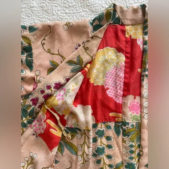 Vintage 👘 Silk Floral Kimono Robe Peach Pink Green Cherry blossom 🌸 OS - Picture 5 of 10